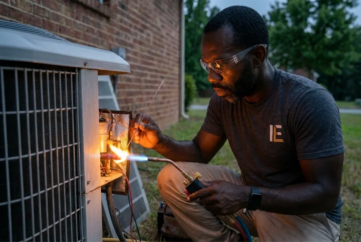 Technician brazing a refrigerant line set
