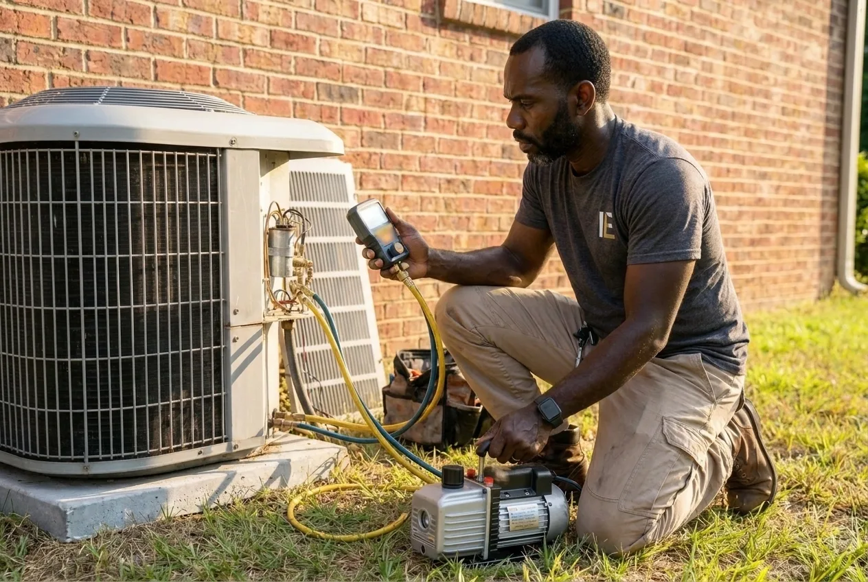 Technician pulling a vacuum on a new refrigerant line