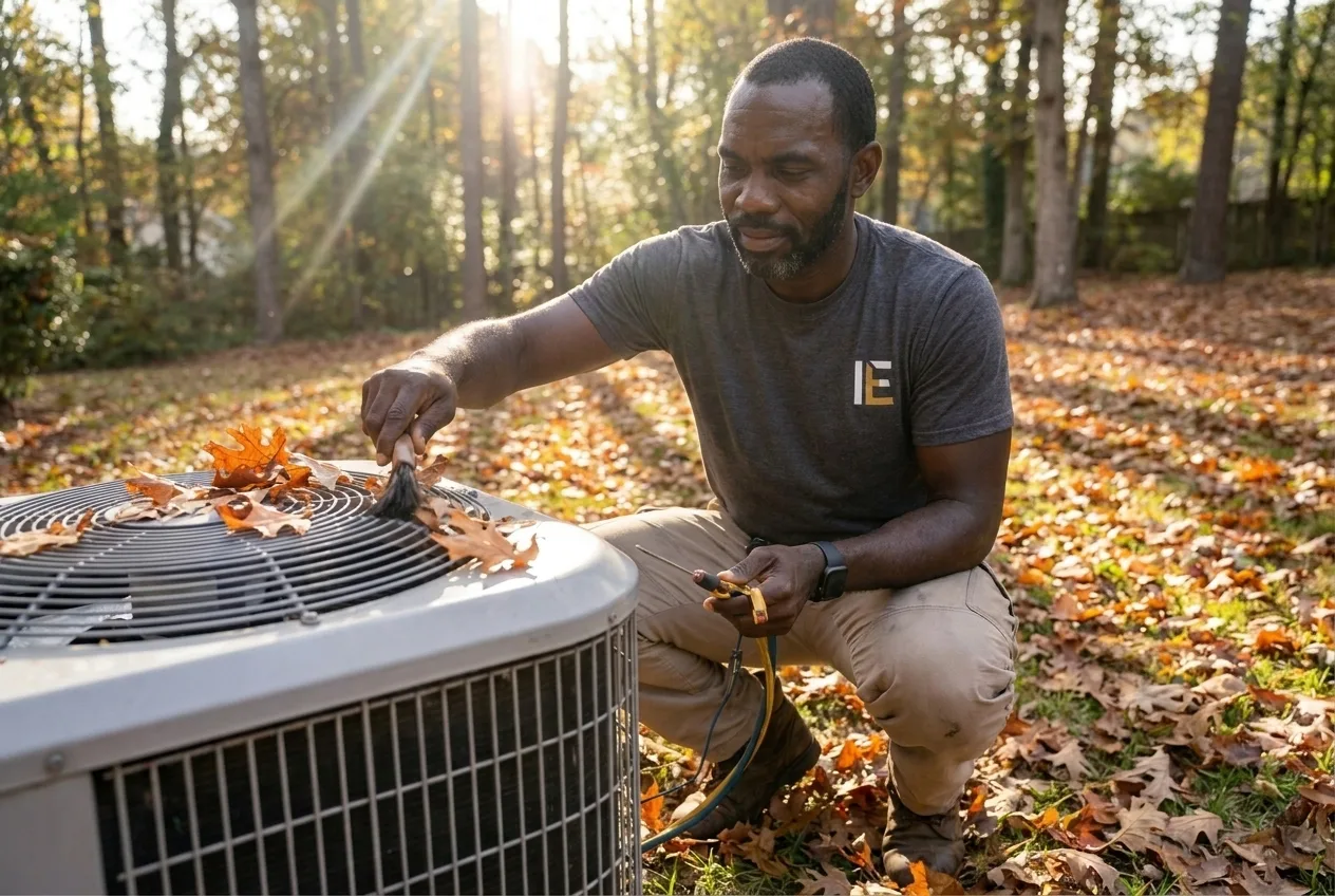 Indoor Experts technician repairing a residential heat pump in Atlanta