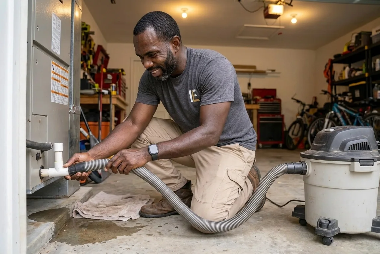 An Indoor Experts technician clearing a condensate drain during an Atlanta AC maintenance visit