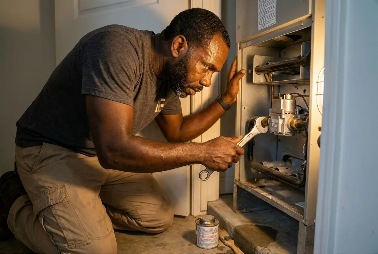 Indoor Experts technician diagnosing a fault on commercial heating equipment