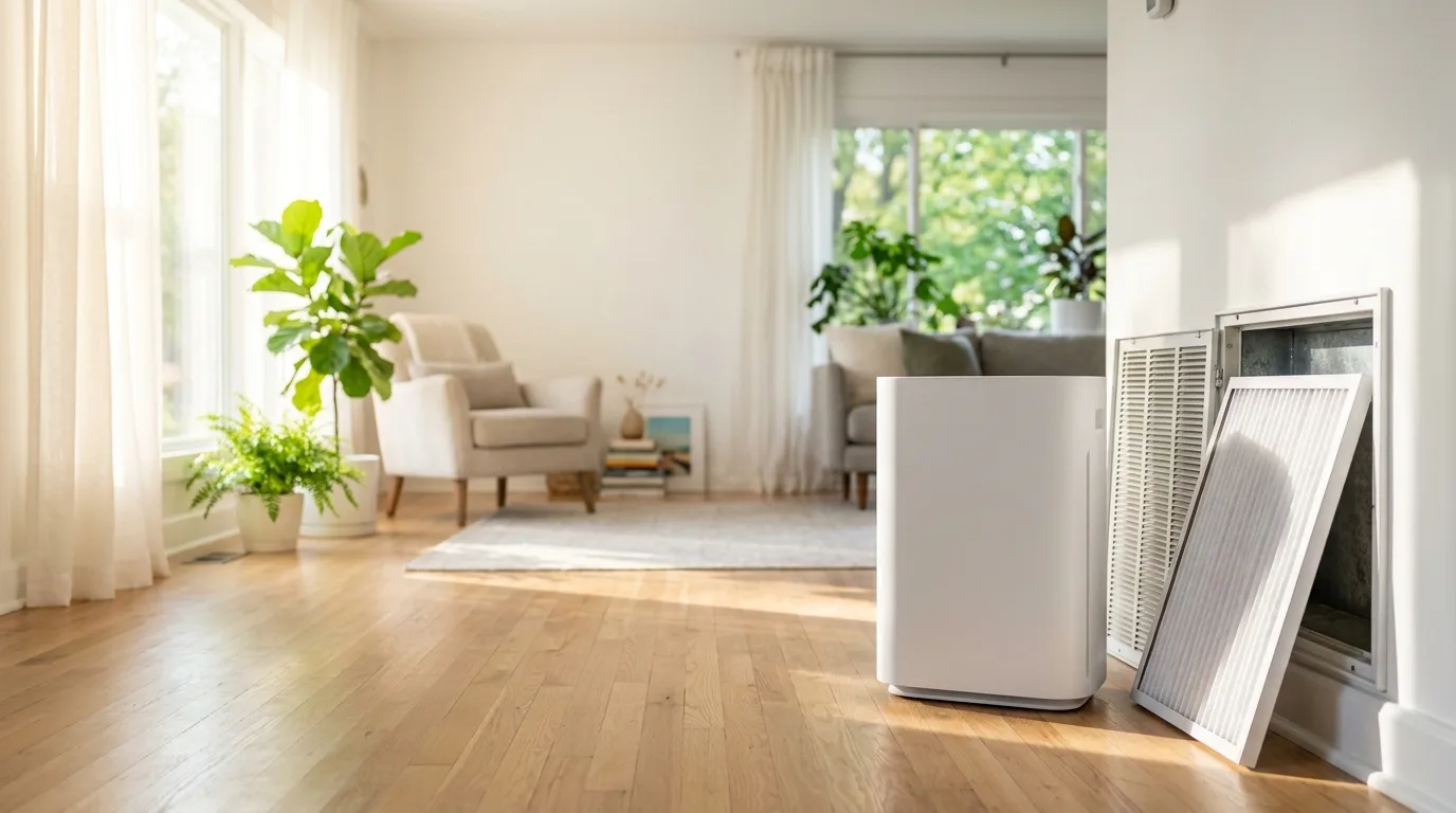 An air purifier and a clean filter beside a return grille in an Atlanta living room