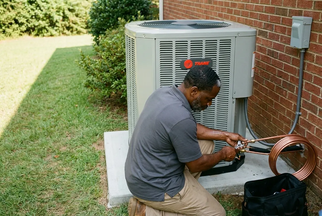Msemaji Anderson connecting the lineset on a newly installed Trane heat pump outside an Atlanta home