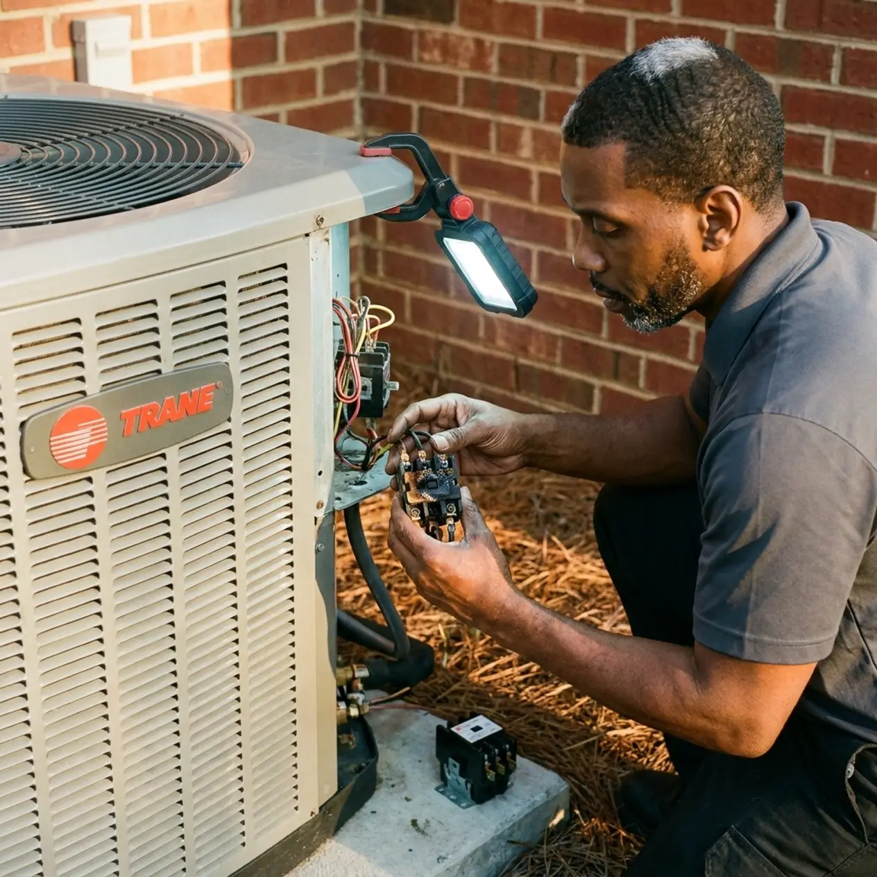 Msemaji Anderson lifting a burnt contactor out of a Trane condenser on an urgent call