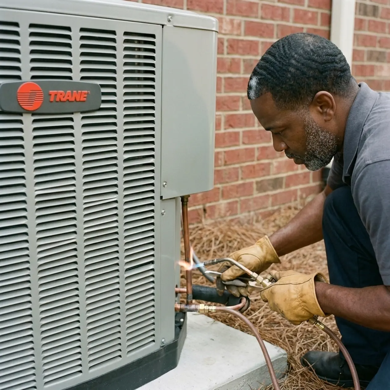Msemaji Anderson brazing the lineset joint at a new Trane condenser