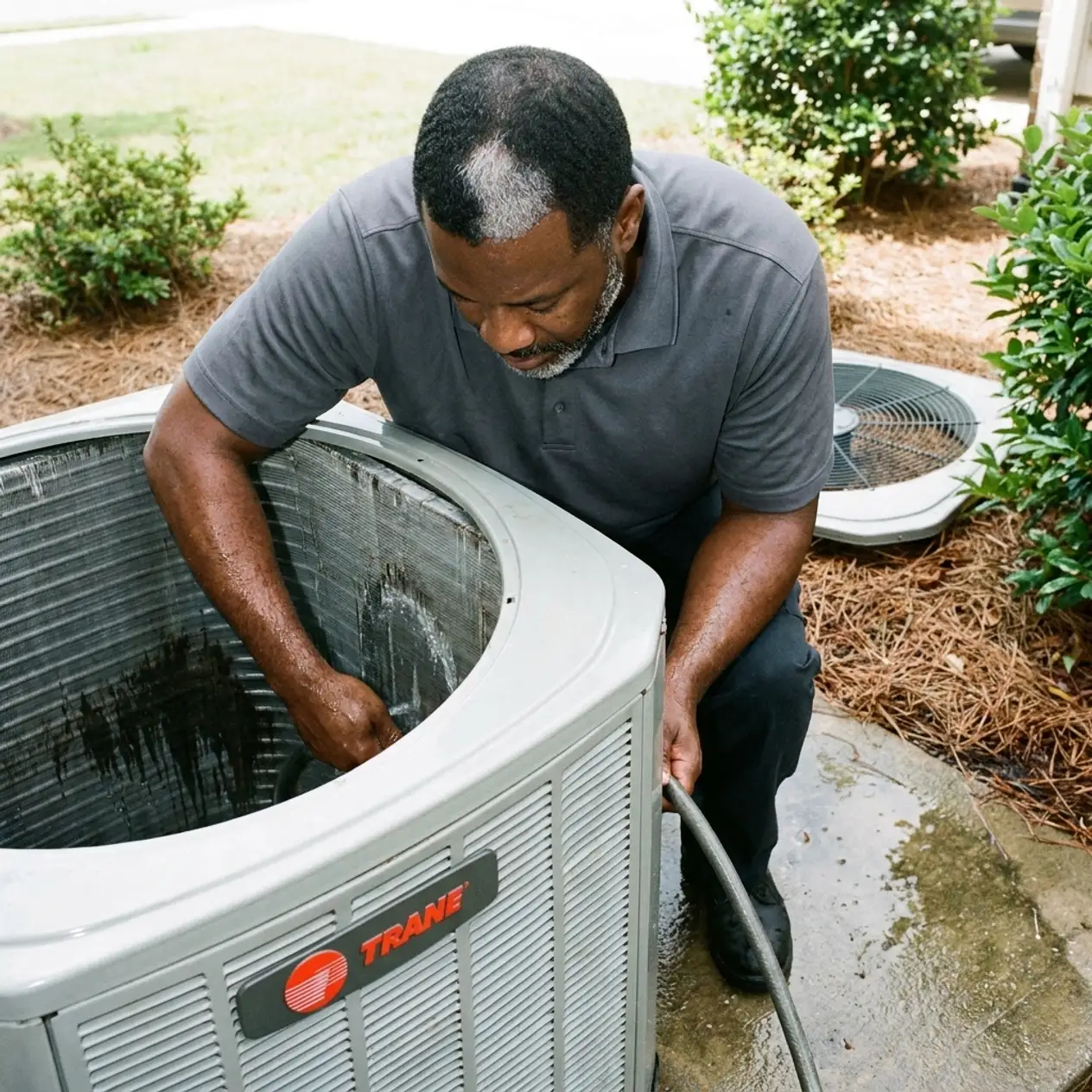 Msemaji Anderson rinsing the coil of a Trane condenser from the inside out