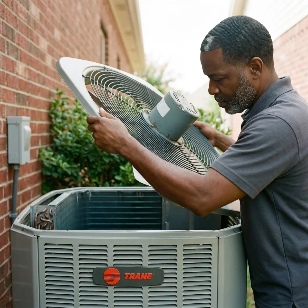 Msemaji Anderson lifting the fan assembly off a Trane condenser to reach the coil
