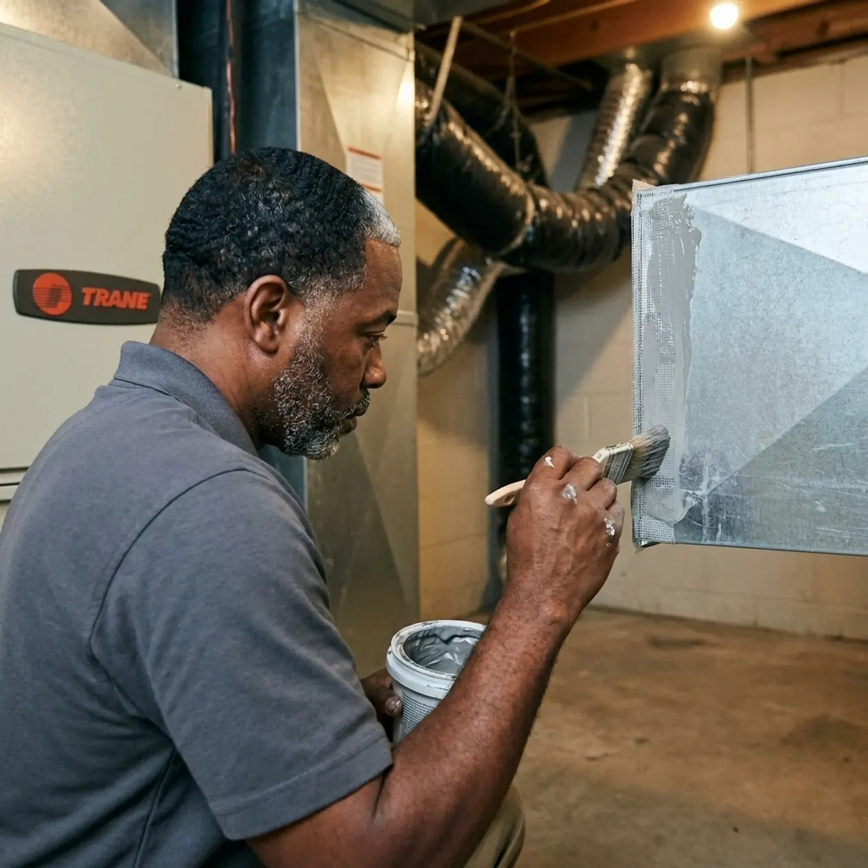 Msemaji Anderson sealing the plenum joint above a Trane air handler with mastic