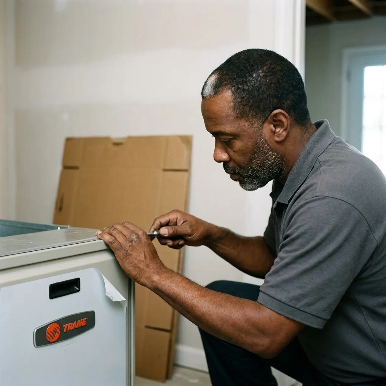 Msemaji Anderson fitting the supply plenum onto a new Trane furnace
