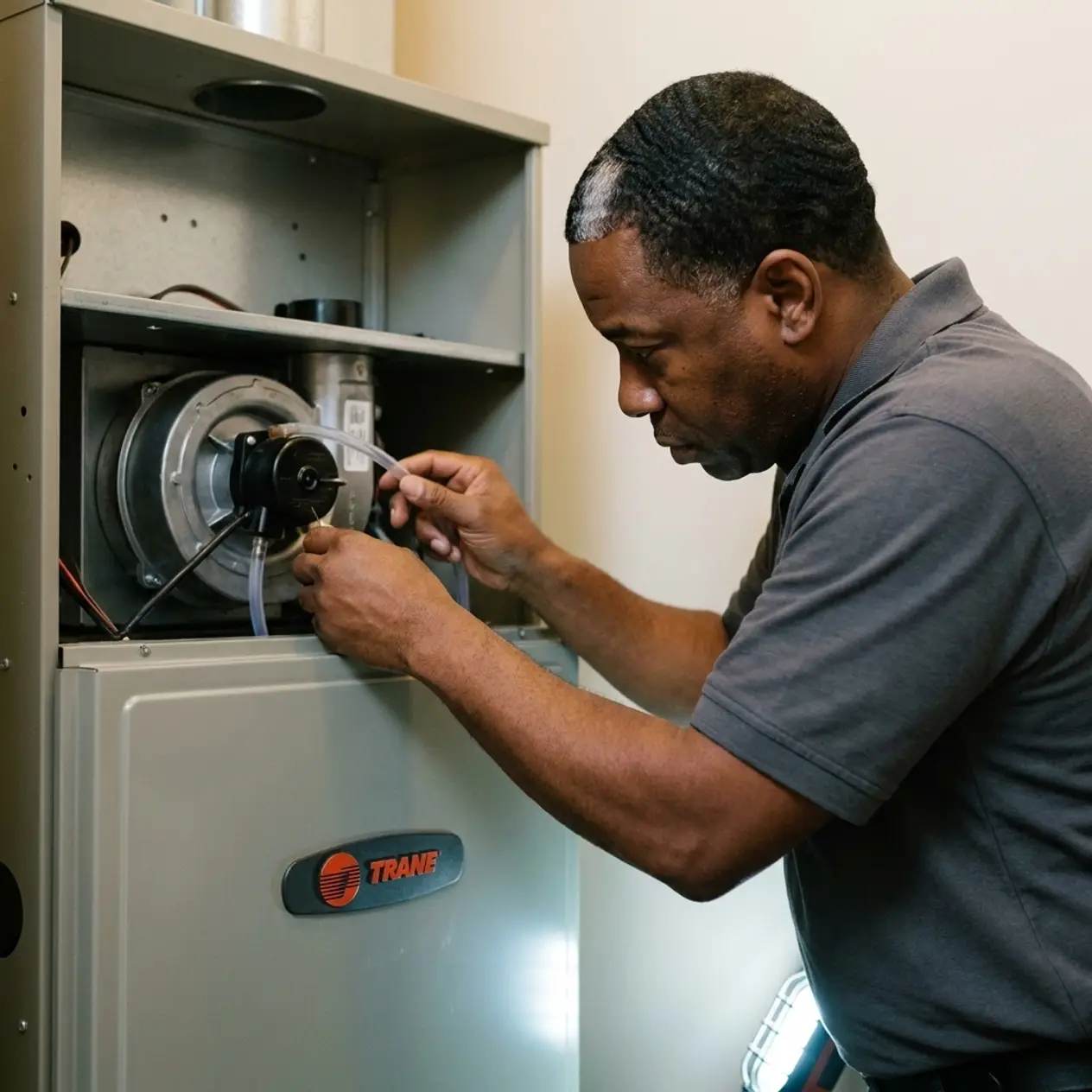 Msemaji Anderson checking the draft inducer and pressure-switch port on a Trane furnace