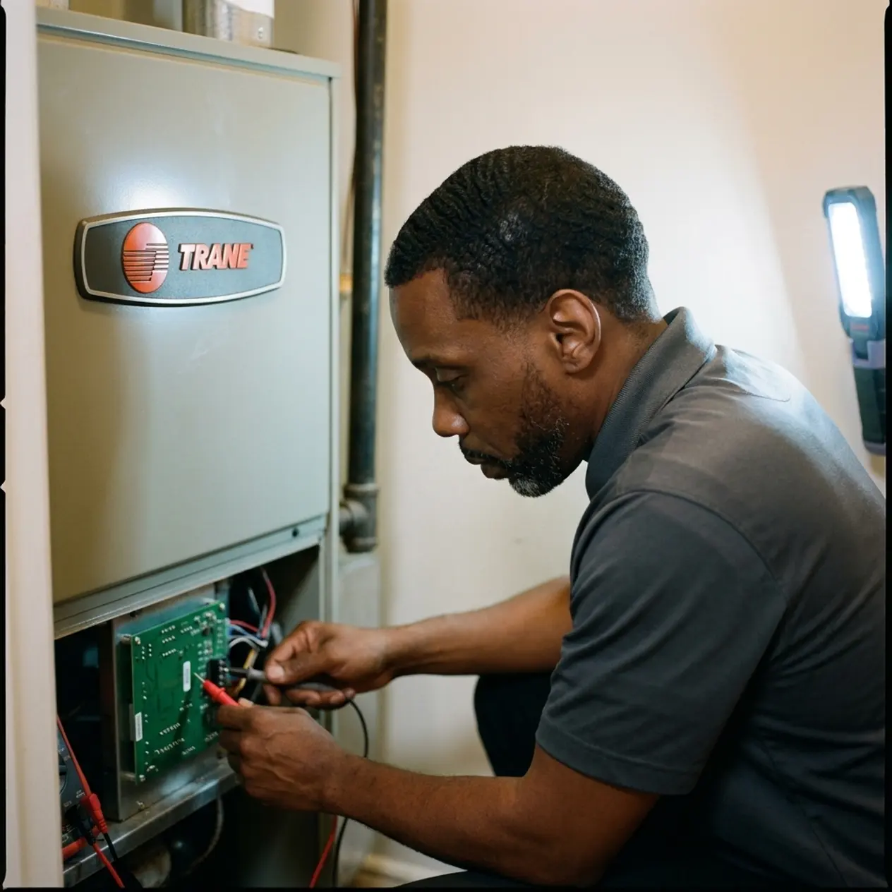 Msemaji Anderson tracing a fault on the control board of a Trane furnace
