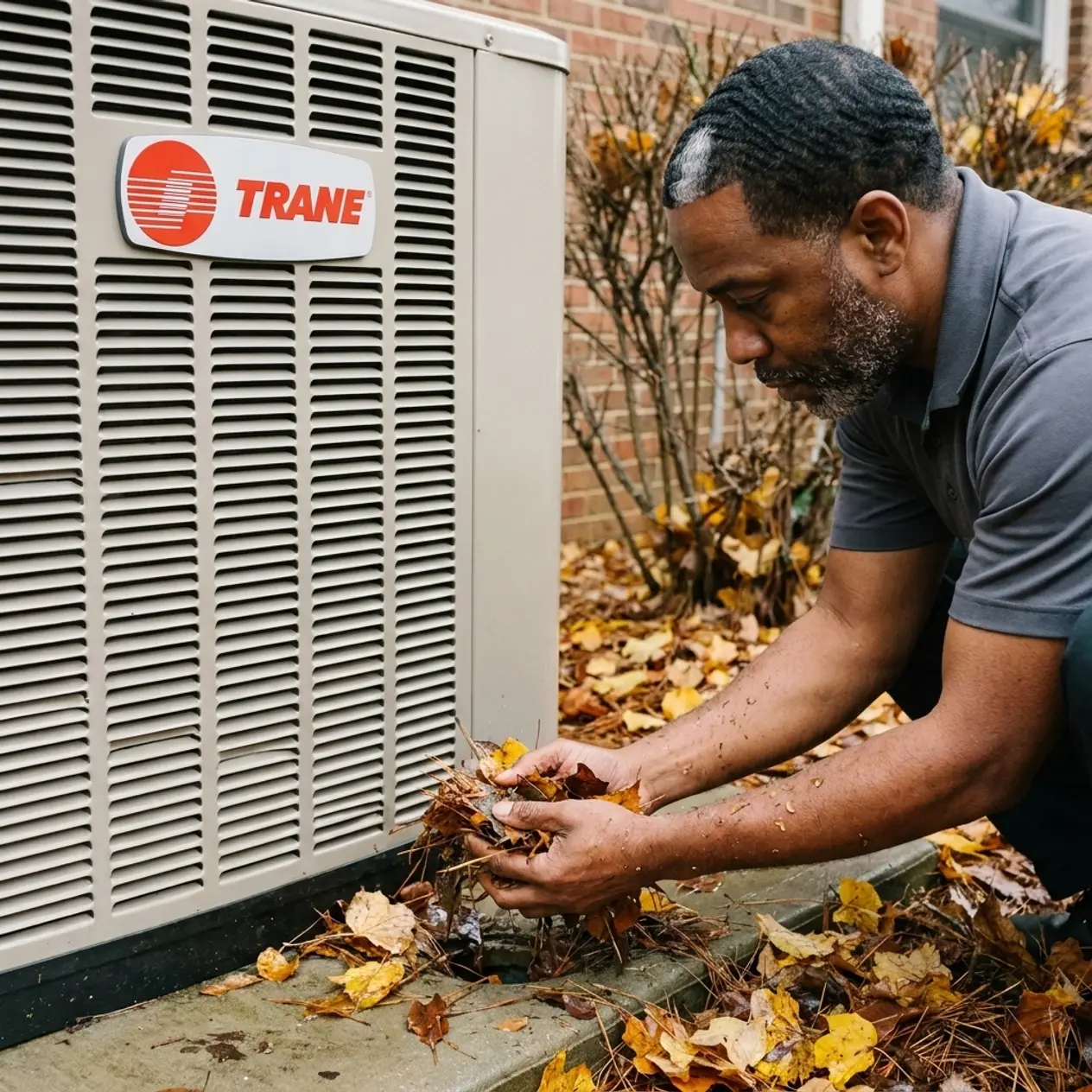 Msemaji Anderson clearing autumn leaves from the base of a Trane heat pump