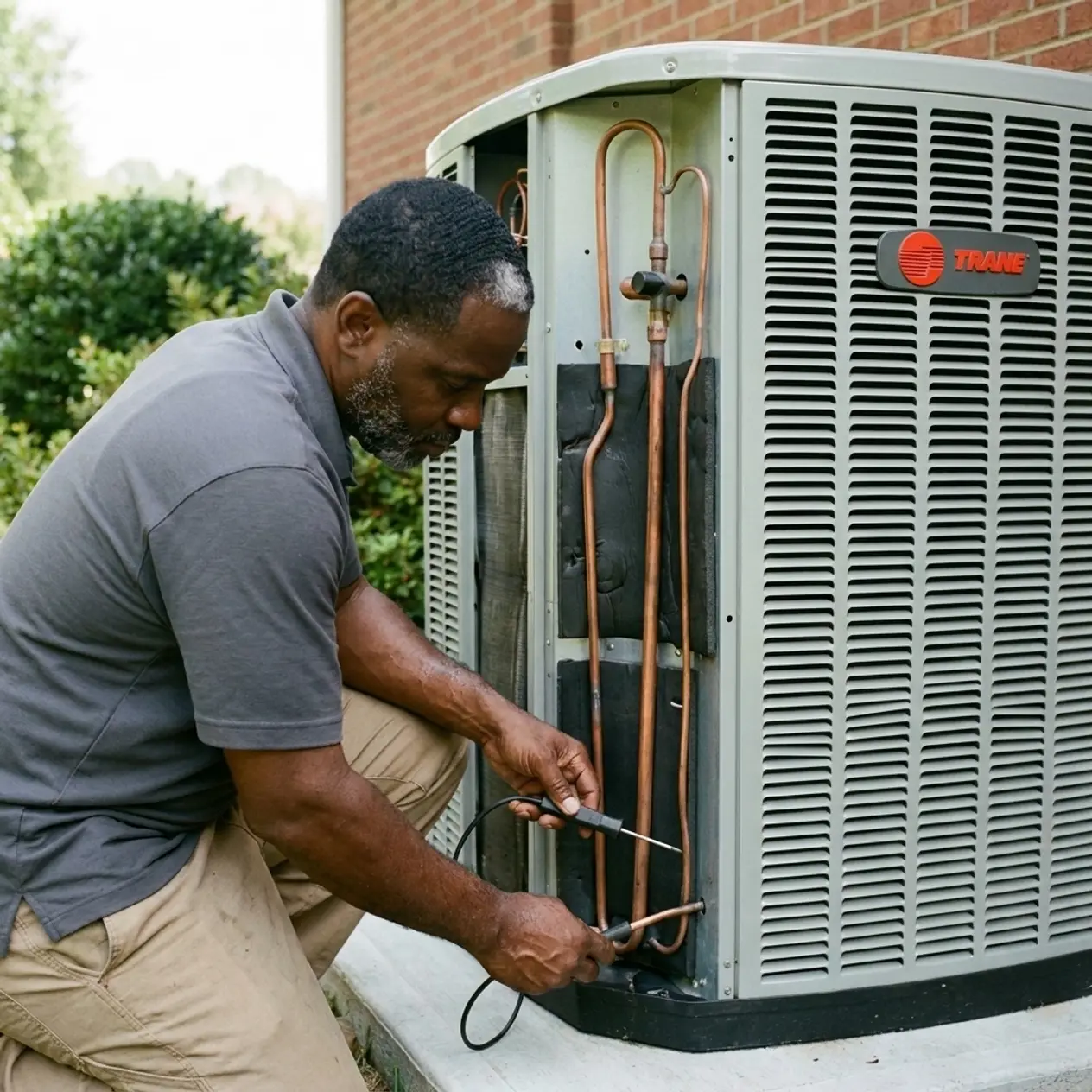 Msemaji Anderson clamping a temperature probe to the suction line of a Trane heat pump