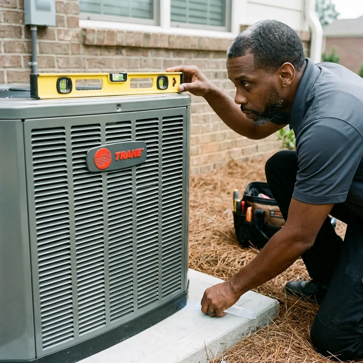 Msemaji Anderson levelling a new Trane heat pump on its pad