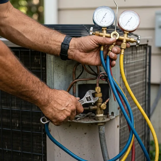 Hands connecting manifold gauges to the service port of an outdoor condenser