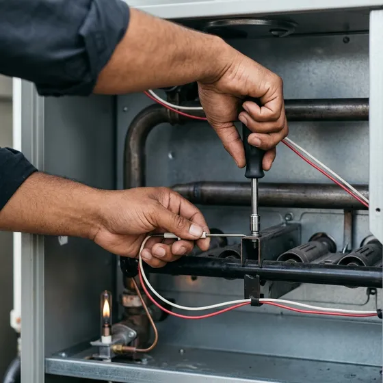 Hands with a nut driver at the burner assembly inside an open gas furnace
