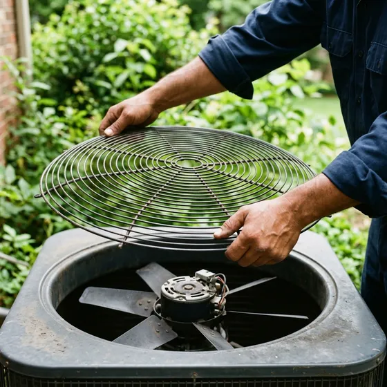 Hands lifting the fan grille off an outdoor condenser during a service call