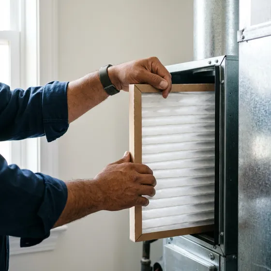 Hands replacing an HVAC air filter during a maintenance visit